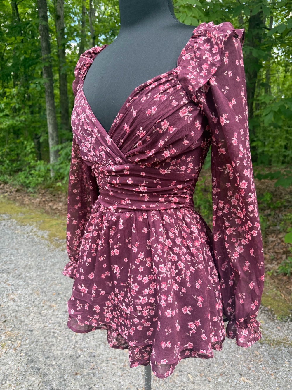 Floral Burgundy Long Sleeve Wrap Romper